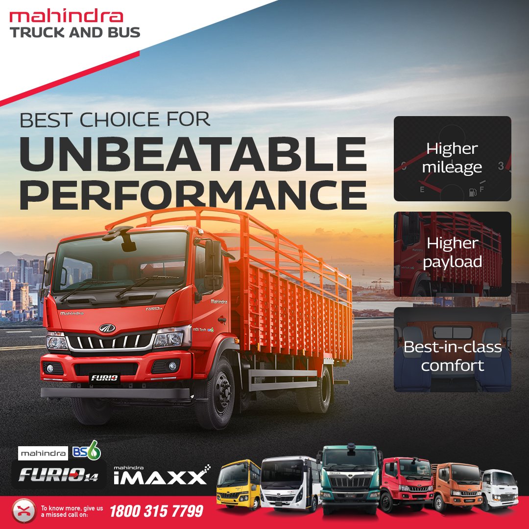 MahindraTrukBus's tweet photo. Why settle for less when you have the Mahindra FURIO 14?
Our truck delivers higher mileage, higher payload capacity and superior comfort with double service guarantee, ensuring a reliable investment for your business.
#FURIO #ICV #DoubleServiceGuarantee #MahindraTruckAndBus https://t.co/tzByAsxL5D