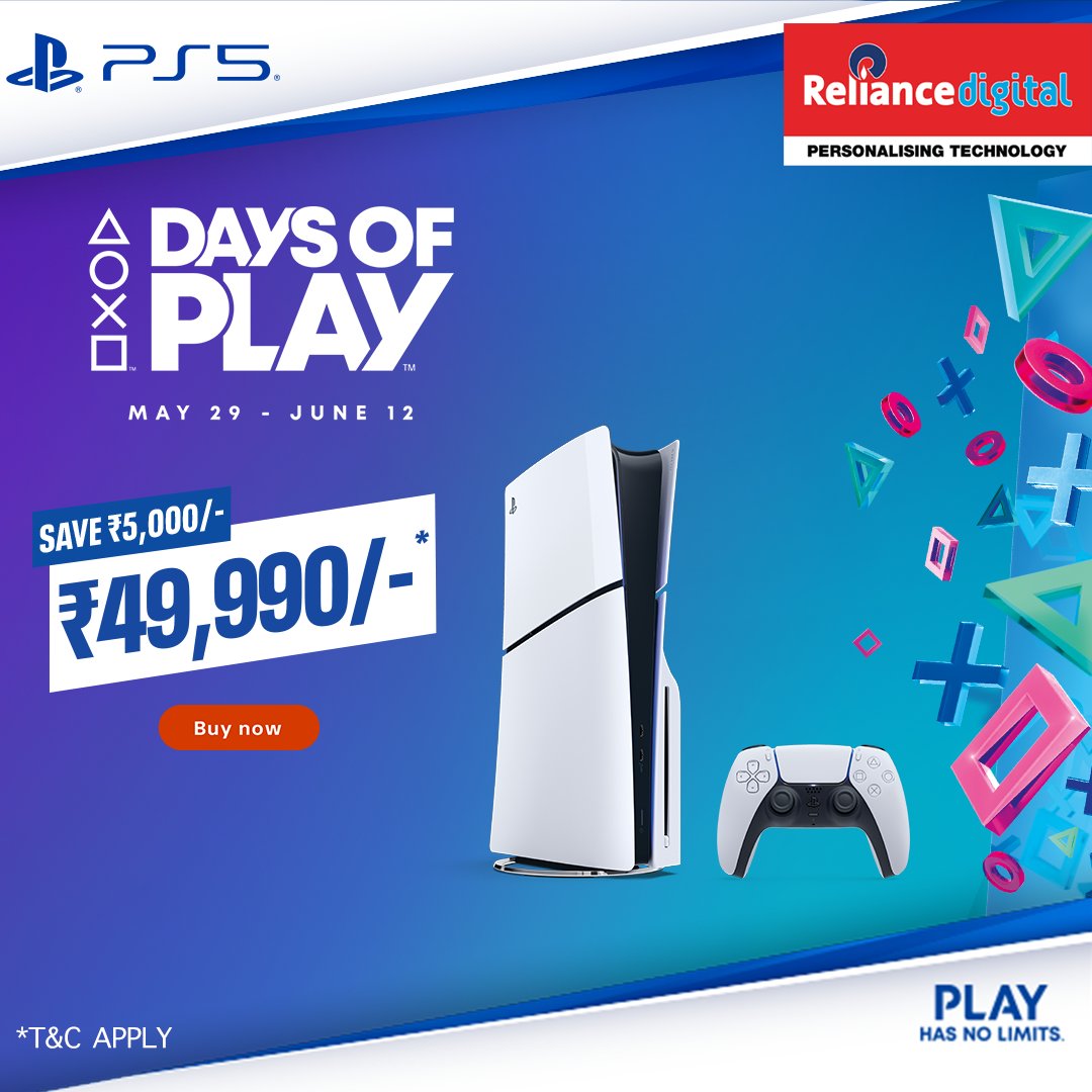 RelianceDigital's tweet photo. Need a deal on a new gaming console? GAME ON! Now you can get your new Sony PS5 @ ₹49 990* at your nearest Reliance Digital store. Hurry! Offer valid till 12th June only.

#RelianceDigital #PS5AtReliance #GamingSavings #LevelUpYourGame #ConsoleCraze https://t.co/y6J5jjmFys