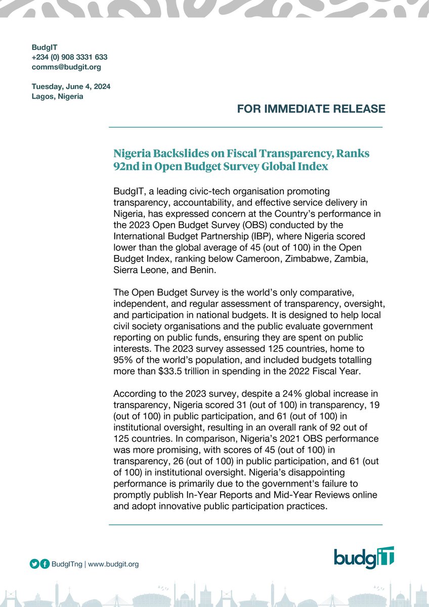BudgITng's tweet photo. 🔈 Nigeria Ranks 92nd out of 125 countries in the Open Budget Survey Global Index.
In the Open Budget Survey conducted by the @OpenBudgets, Nigeria scored lower than the global average of 45 (out of 100), ranking below Cameroon, Zimbabwe, Zambia, Sierra Leone, & Benin.
#OBS2023 https://t.co/jEeXIKDUiO