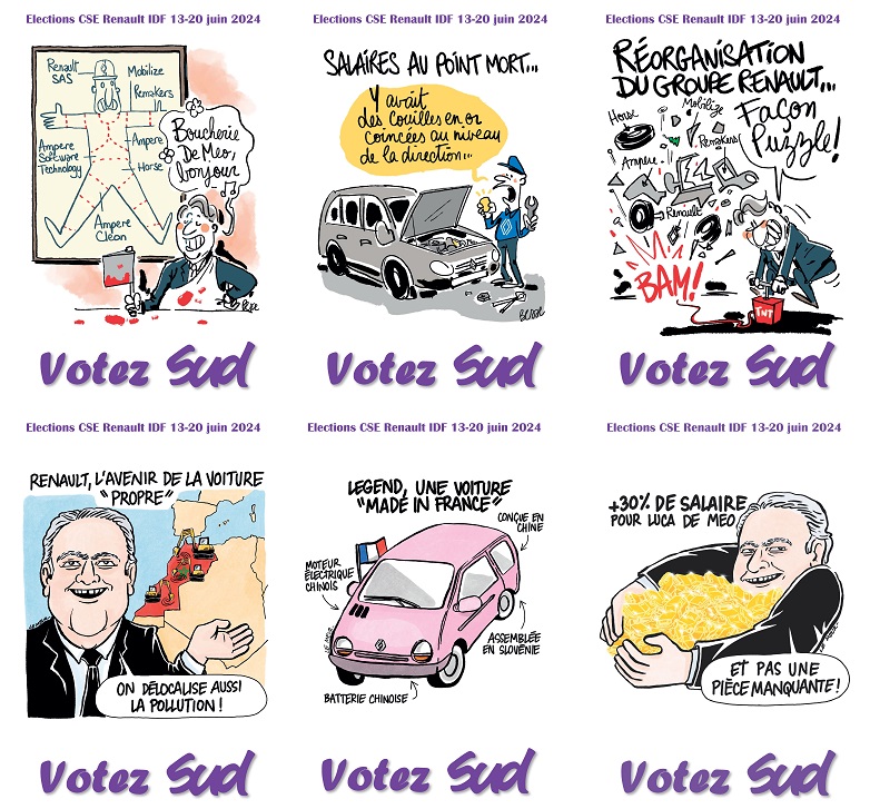 SudRenault's tweet photo. Deux dessinatrices ont joint leur talent et leur imagination à la campagne  des candidats SUD pour les élections du CSE Renault Ile-de-France. A voir sur  https://t.co/5mLD9jypKM https://t.co/AlIQk85xHz