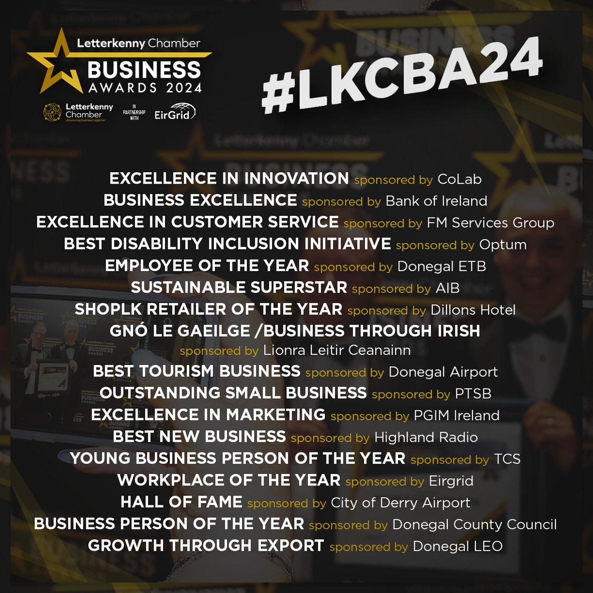 Check out the list of awards you can enter at this year's Letterkenny Chamber Business Awards 😎 Closing date is Monday 1st July at 12noon, so get your entries in now &gt;&gt; letterkennychamber.com/business-award…

#LKCBA24 in Partnership with EirGrid