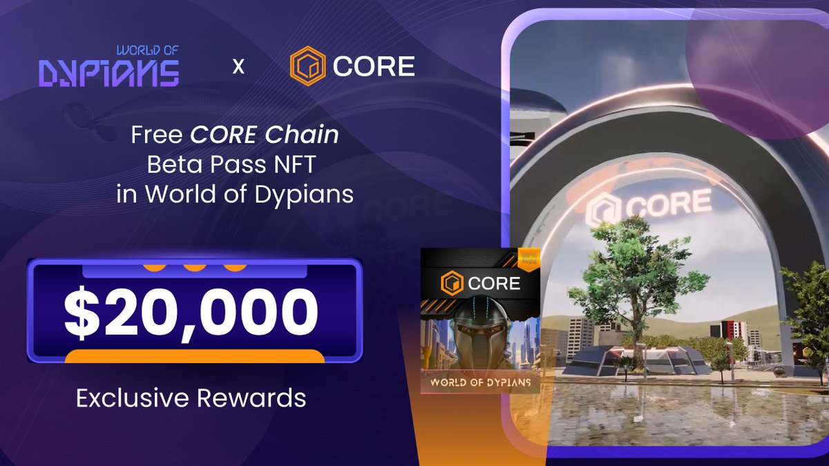 🎉 #Giveaway: CORE Chain x World of Dypians Beta Pass NFT! 

To enter:
✅Follow @WorldofDypians &amp; <a href="/Coredao_Org/">Core DAO 🔶</a>
✅Like &amp; Repost
✅Create a WoD game account

Join: sweepwidget.com/c/core-wod-giv…

🎁 5,000 CORE Chain Beta Pass NFTs to access the special event with a $20,000 reward pool!