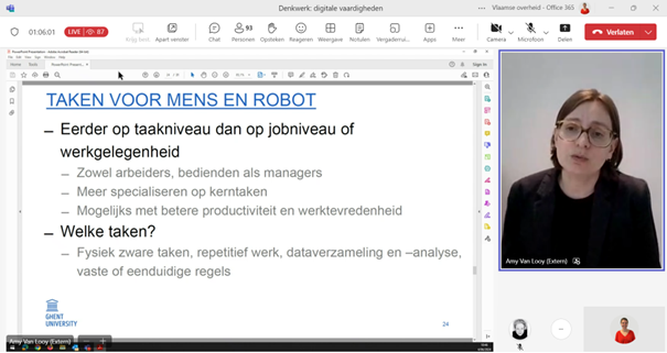 <a href="/AmyVanLooy/">Amy Van Looy</a>  tijdens Denkwerk: digitale vaardigheden: "De veranderingen door robotica situeren zich meer op taakniveau dan op jobniveau. Robots kunnen bepaalde taken overnemen, zodat werknemers zich meer kunnen focussen op kerntaken." Herbekijk morgen via bit.ly/3JmZOqz