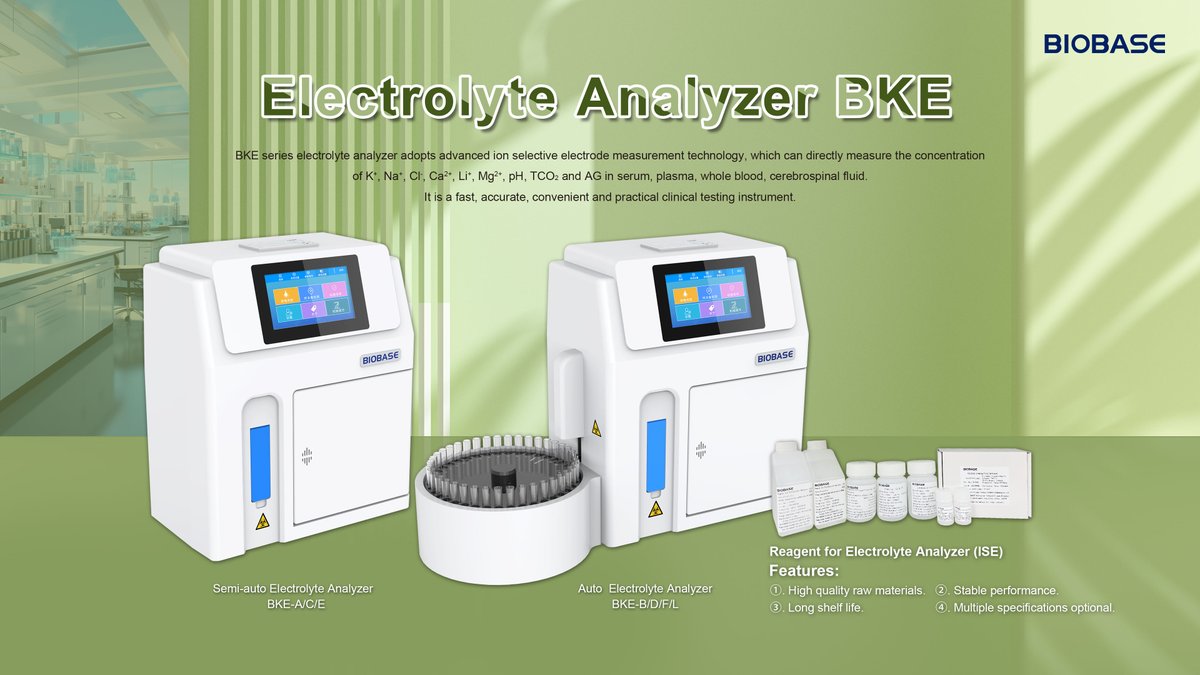 BIOBASE_CHINA's tweet image. BIOBASE electrolyte analyzer can directly measure the concentration of K+, Na+, Cl-, Ca2+ and pH in serum, plasma, whole blood, cerebrospinal fluid and diluted urine. #electrolyteanalyzer #chemicalanalysis #clinical #chemistry #IVD
biobase.com/product/electr…