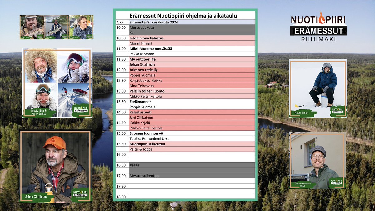 Erämessujen Nuotiopiirin ohjelmakartta on nyt valmis ja julkaistu. Päiväkohtaisista aikatauluista näet esityksen otsikon ja vieraan nimen sekä shown alkamisajan. Tarkemmat kuvaukset esityksistä  eramessut.fi -> ohjelma -> Nuotiopiiri. Tervetuloa.