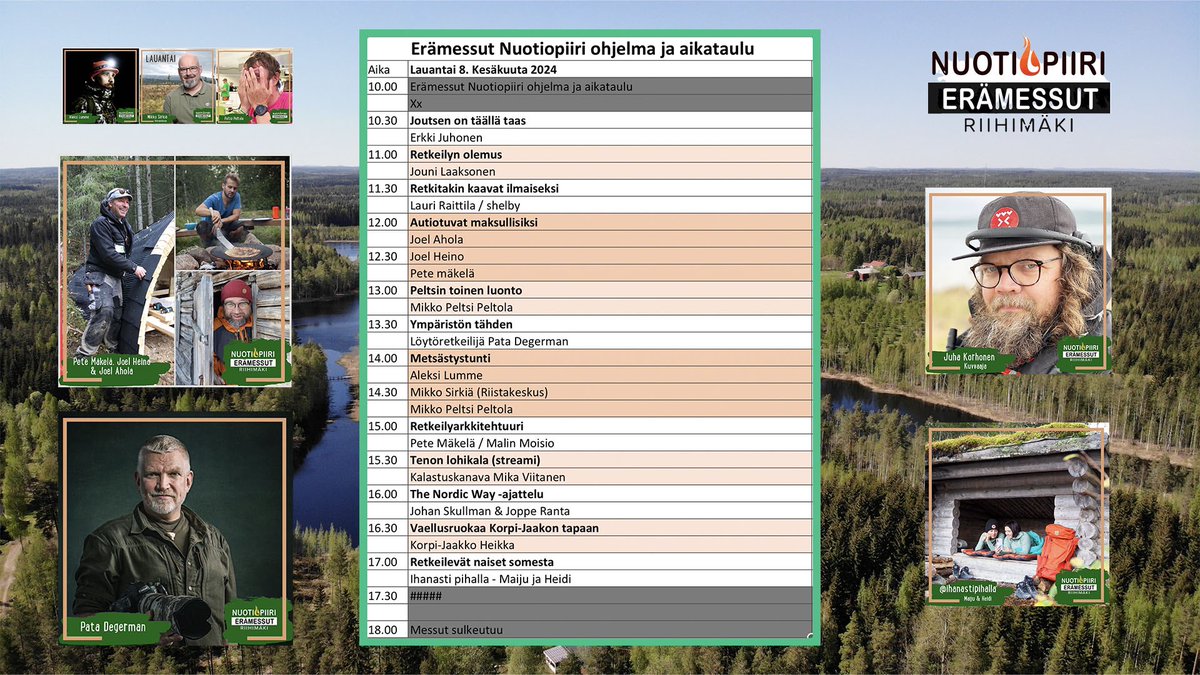 JoppeRanta's tweet photo. Erämessujen Nuotiopiirin ohjelmakartta on nyt valmis ja julkaistu. Päiväkohtaisista aikatauluista näet esityksen otsikon ja vieraan nimen sekä shown alkamisajan. Tarkemmat kuvaukset esityksistä  https://t.co/hDmYlnN1T3 -> ohjelma -> Nuotiopiiri. Tervetuloa. https://t.co/il5zJGjYWu