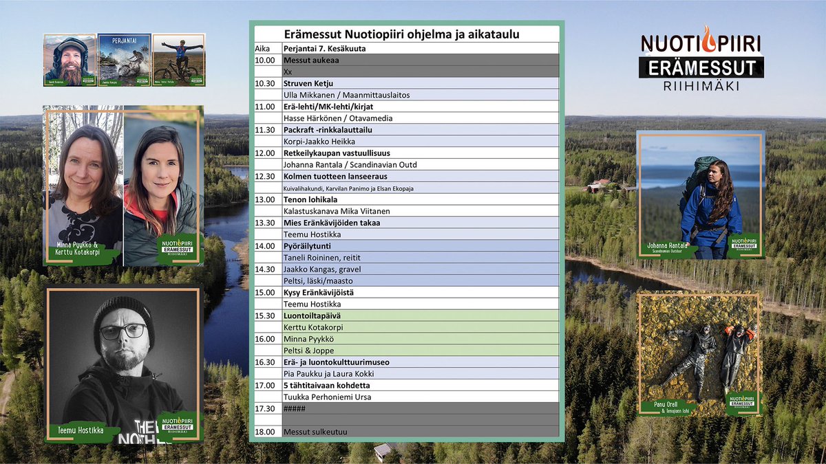 JoppeRanta's tweet photo. Erämessujen Nuotiopiirin ohjelmakartta on nyt valmis ja julkaistu. Päiväkohtaisista aikatauluista näet esityksen otsikon ja vieraan nimen sekä shown alkamisajan. Tarkemmat kuvaukset esityksistä  https://t.co/hDmYlnN1T3 -> ohjelma -> Nuotiopiiri. Tervetuloa. https://t.co/il5zJGjYWu
