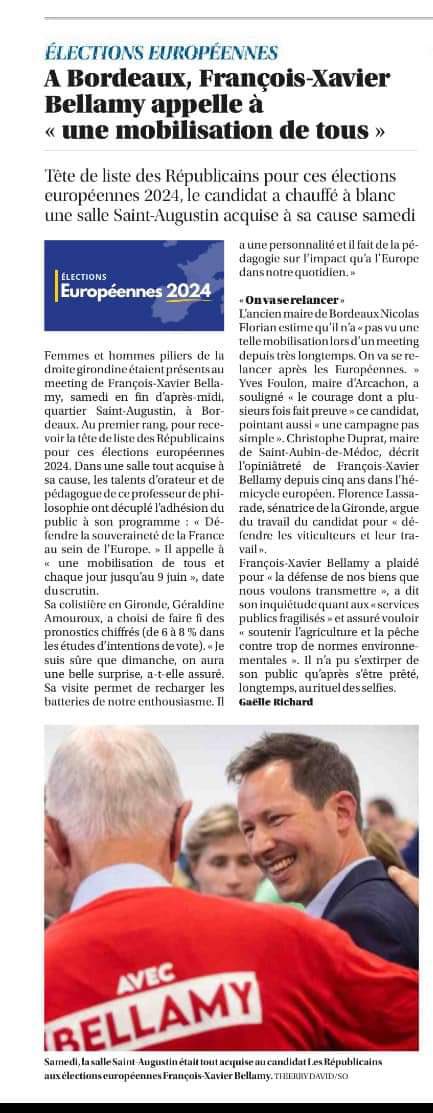 Les Républicains de Gironde (@lrgironde) on Twitter photo 📰 Sud-Ouest est revenu sur la réunion publique de samedi en présence de <a href="/fxbellamy/">Fx Bellamy</a> .
#AvecBellamy #Europeennes2024 📰 Sud-Ouest est revenu sur la réunion publique de samedi en présence de <a href="/fxbellamy/">Fx Bellamy</a> .
#AvecBellamy #Europeennes2024