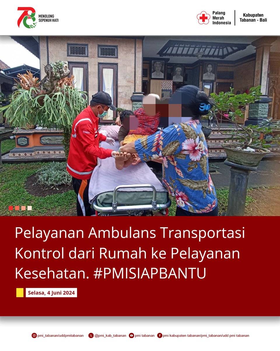 PMI_Kab_Tabanan's tweet photo. Denpasar • Hari ini Tim Ambulans PMI Tabanan melaksanakan pelayanan Ambulans Transportasi untuk kontrol dari rumah pasien Jln. Gatot Subroto, Br. Anyar, Kec. Kediri, Kab. Tabanan menuju RS Prof I. G. N. G Ngoerah Sanglah (PP). Selasa, (4/6/2024) https://t.co/zIBdDYXAqy