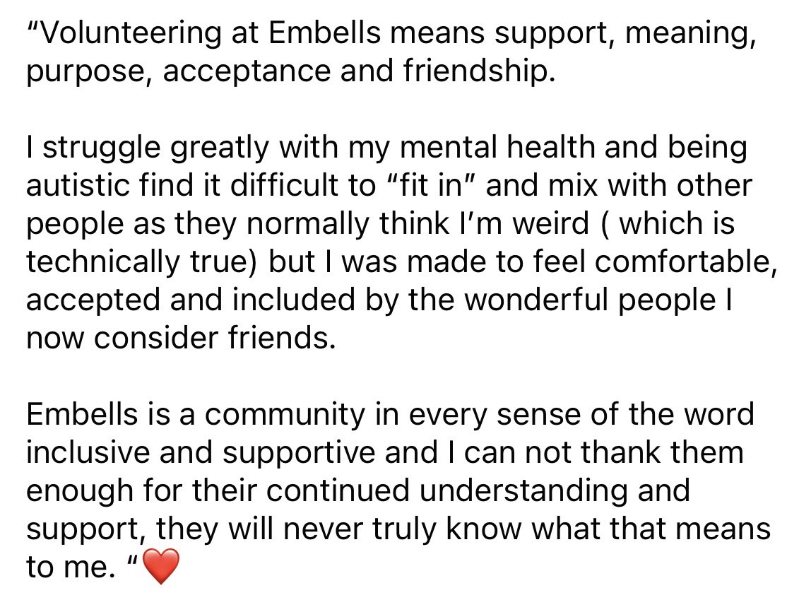 Embells Community Support Project (@embellscic) on Twitter photo #volunteersweek
Today we hear from Marie ❤️
Marie was a regular <a href="/Embellscic/">Embells Community Support Project</a> community market she stayed one day to help & has been with us ever since. Marie gives a lot of her time to #volunteer not just at Embells but as a school governor & gives local history talks / tours #volunteersweek
Today we hear from Marie ❤️
Marie was a regular <a href="/Embellscic/">Embells Community Support Project</a> community market she stayed one day to help & has been with us ever since. Marie gives a lot of her time to #volunteer not just at Embells but as a school governor & gives local history talks / tours