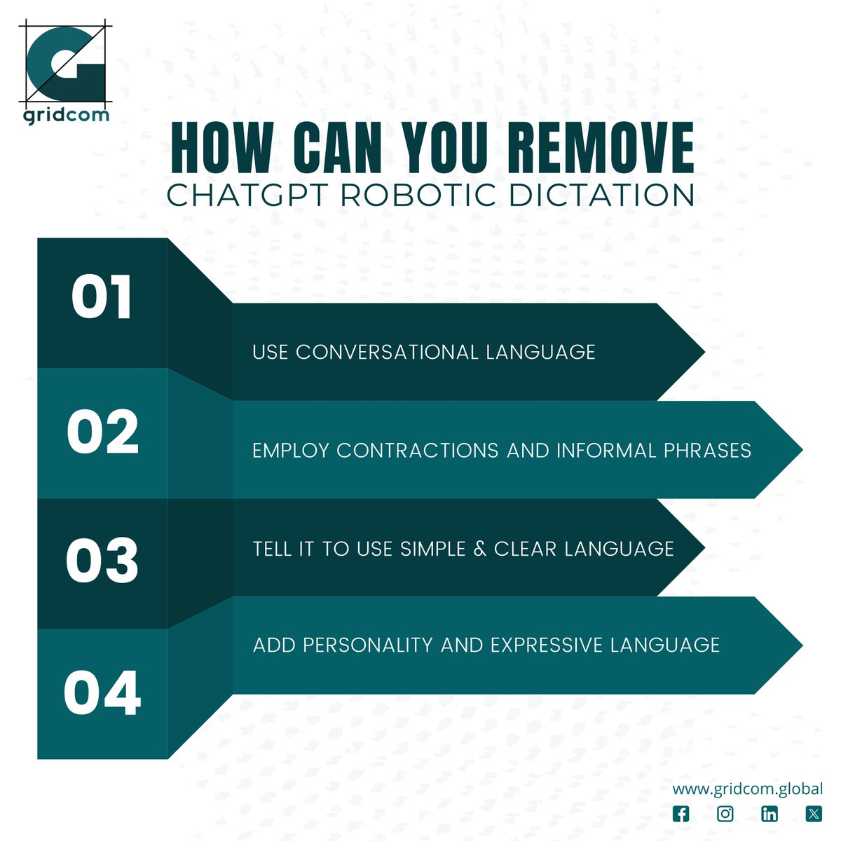 Gridcom_Global's tweet photo. #ChatGPT can't replace human creativity!  Craft content that resonates with your audience. #SMM

Don't settle for robotic.  Learn how to write captivating social media content that sparks conversations in the comments below. https://t.co/FcEUpCerx1