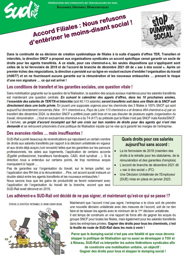 ⛔️Jamais, nous nous résignerons à cautionner le dumping #social imposé par la concurrence dans le #ferroviaire. 
🔽#SUDRail ne signe pas l'accord pour accompagner le transfert de nos collègues dans des filiales privées. 
🟢Ce dossier devra être réouvert par <a href="/GroupeSNCF/">Groupe SNCF</a>