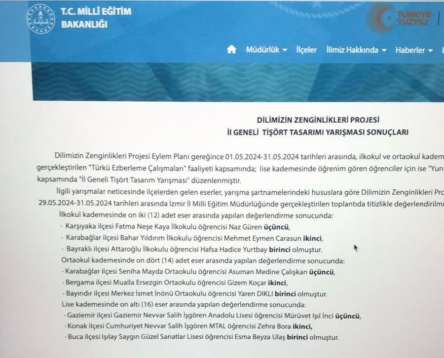Dilimizin Zenginlikleri Projesi İzmir İli Tişört tasarım yarışmasında il 3. Olan öğrencimiz Mürüvvet Işıl İNCİ yi tebrik eder, emek veren öğretmenlerimiz Ayşegül Sancar Altinkaynak ve Yaprak Koçak a teşekkür ederiz
<a href="/izmir_ilmem/">İzmir İl Milli Eğitim Müdürlüğü</a> <a href="/yahsiomer/">Dr. Ömer YAHŞİ</a> <a href="/Hasanvermez/">Hasan Vermez</a> <a href="/gaziemir_mem/">Gaziemir Mem</a> <a href="/OGNDERSE/">OGÜN DERSE</a>