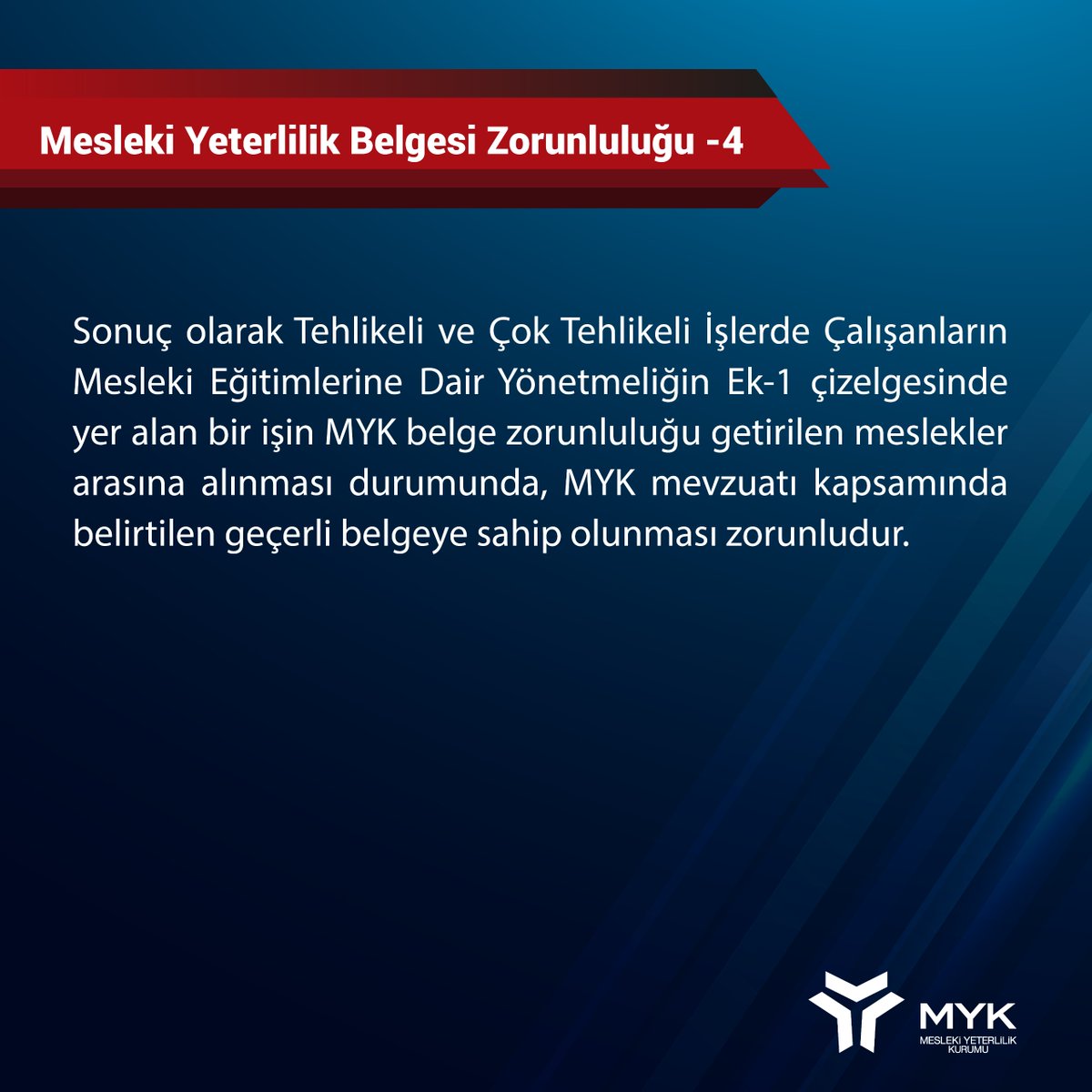 Mesleki Yeterlilik Belgesi Zorunluluğu hakkında paydaşlarımızın bilgilendirilmesine ilişkin duyuru metnine web sitemizden ulaşabilirsiniz.  

Detaylı bilgi için myk.gov.tr adresimizi ziyaret edebilirsiniz.

<a href="/csgbakanligi/">T.C. Çalışma ve Sosyal Güvenlik Bakanlığı</a>
<a href="/myksosyalmedya/">Mesleki Yeterlilik Kurumu</a>