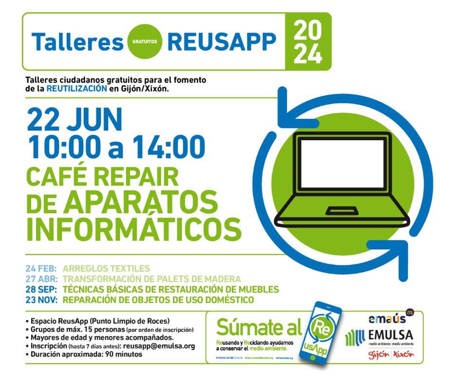 EMULSAGijon's tweet photo. Inscripciones gratuitas abiertas hasta completar aforo. #Gijón #Xixón #reutilización #ReusApp #EMULSA @gijon @riquirraque @cogersaasturias #repaircafe https://t.co/ofQTpp18Kp