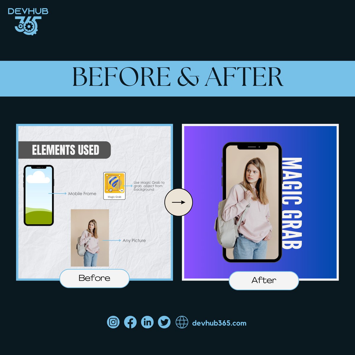 devhub365's tweet photo. Magic in your edits? ✨ Yes, please! Our team uses Canva's Magic Grab to effortlessly remove backgrounds and focus on what matters. Level up your visuals today! #SocialMediaContent #CanvaTips #DesignMagic https://t.co/1jDyAV4hu4