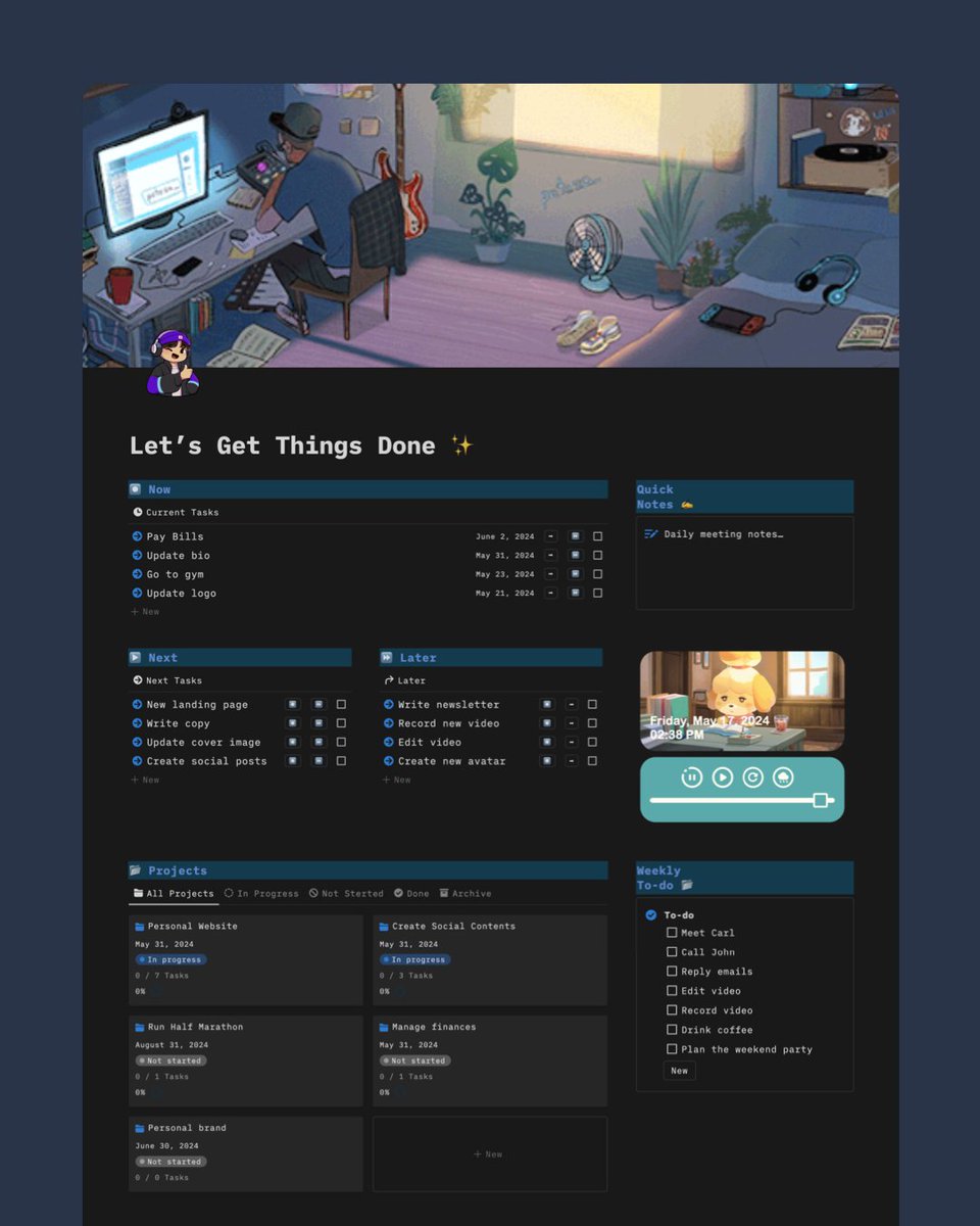 New Personal Notion Dashboard using the GTD method (Get Things Done).

It's now available for free 🎉

Just reply "Send", RT, and Like this post, and I'll send it to you via DM.

Need to follow me 👨‍💻