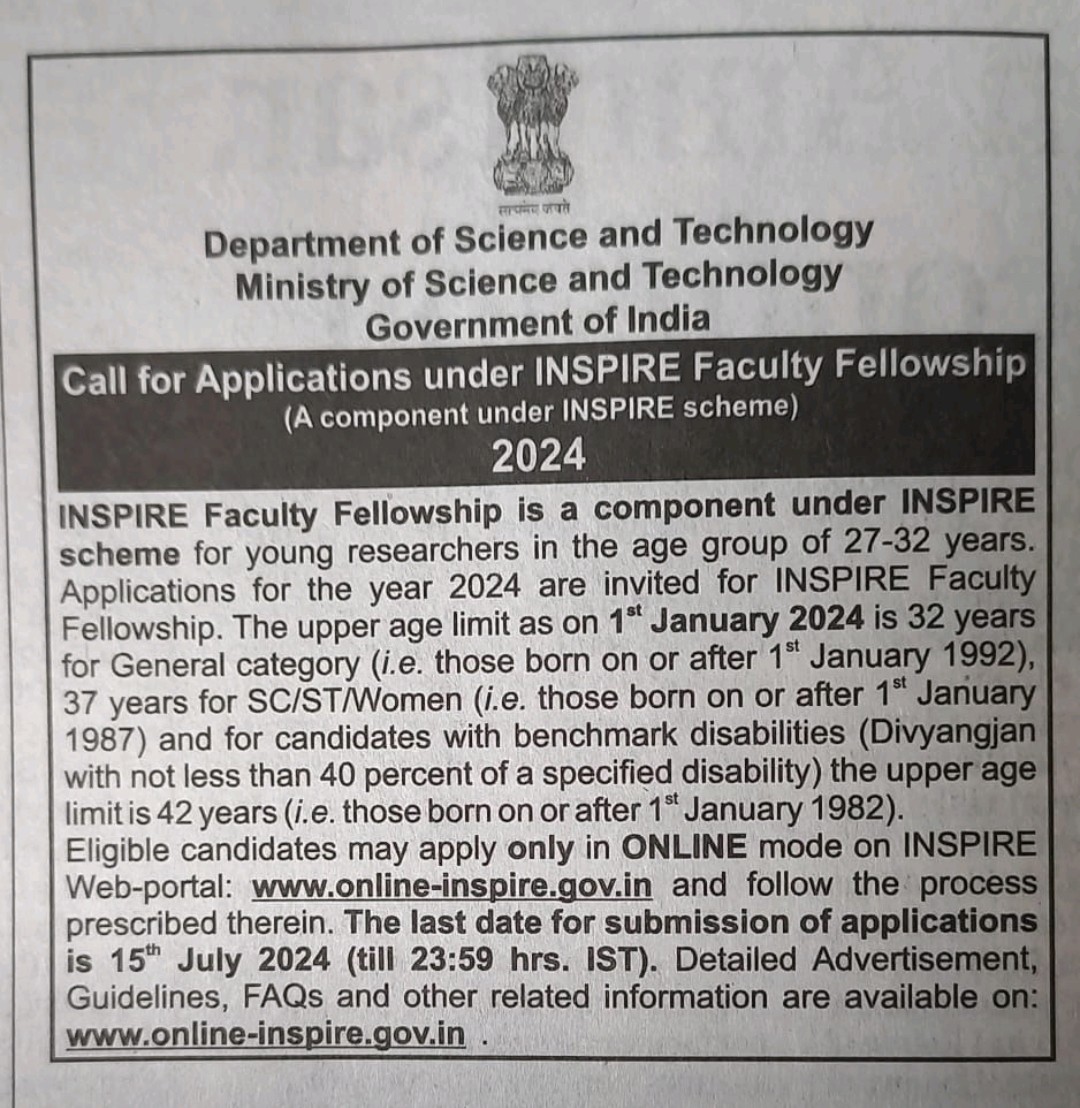 Sanjeev Varshney (@skvdst) on Twitter photo Applications for INSPIRE Faculty Fellowship invited by <a href="/IndiaDST/">DSTIndia</a> from young researchers holding PhD in the age group of 27-32 years (relaxable for certain categories).
Apply by 15th July 2024 Applications for INSPIRE Faculty Fellowship invited by <a href="/IndiaDST/">DSTIndia</a> from young researchers holding PhD in the age group of 27-32 years (relaxable for certain categories).
Apply by 15th July 2024
