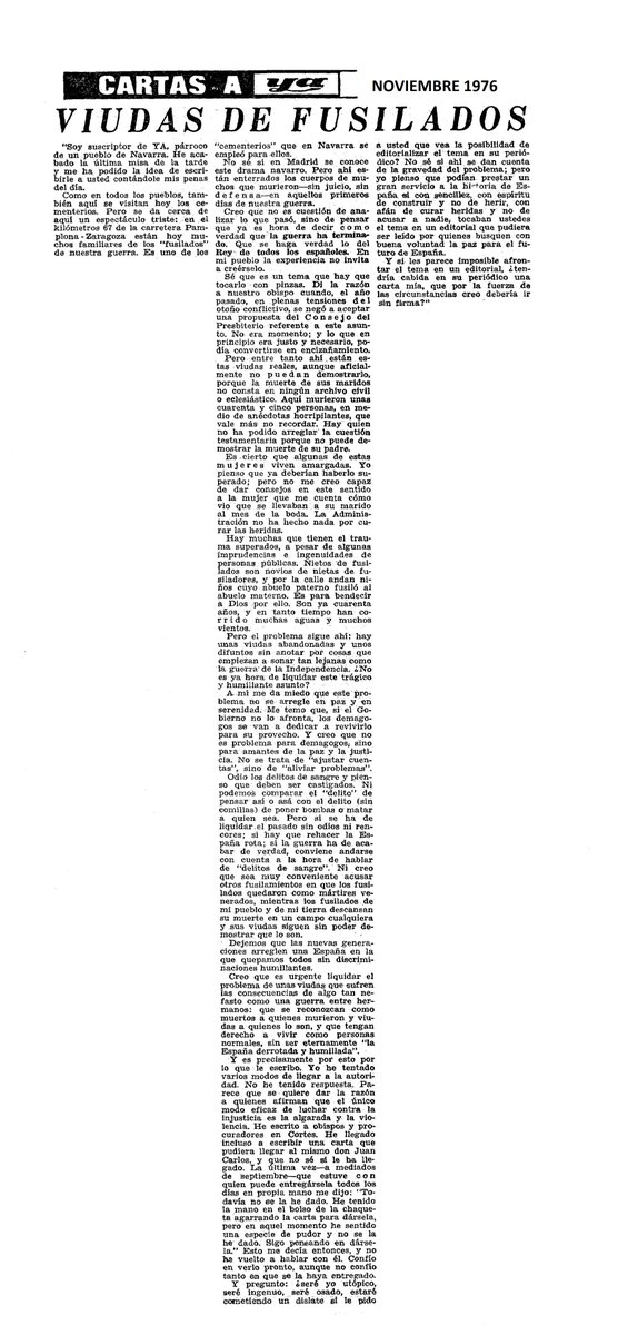 ARMH_Memoria's tweet image. Hemos encontrado esta carta, publicada en el Diario Ya en noviembre de 1976, en la que un párroco navarro defiende los derechos de las viudas de los republicanos asesinados por los golpistas de 1936. "Sé que es un tema que hay que tocar con pinzas".