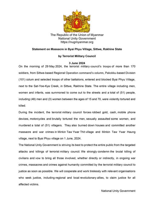 MahnWinnKhaing's tweet photo. The Republic of the Union of Myanmar
National Unity Government
https://t.co/2JOtOAkXOY @NUGMyanmar 
Statement on Massacre in Byai Phyu Village, Sittwe, Rakhine State
by Terrorist Military Council
3 June 2024 https://t.co/gnMmYGojUG