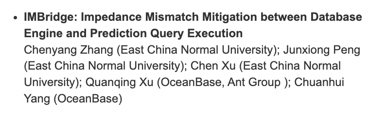 OceanBaseDB's tweet image. 📣Proud to share that #OceanBase, alongside our partners, will present 2 pivotal papers at #SIGMOD2024, the premier international database conference!

📅Join us at InterContinental Santiago, June 9-14, for a deep dive into #database innovation!

 Details: shorturl.at/gGAYX