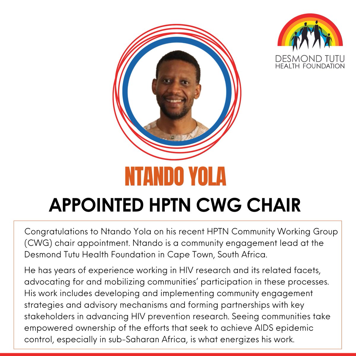 Join us in celebrating Ntando Yola, our community engagement lead @DTHF_SA on his recent @HIVptn Community Working Group (CWG) chair appointment! Ntando's dedication to HIV research and community advocacy continues to inspire us all. Source: @HIVptn Newsletter, May 2024