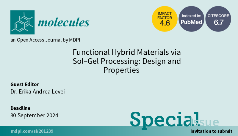 Molecules_MDPI's tweet image. 📢New Special Issue Open for Submissions: "Functional Hybrid Materials via Sol–Gel Processing: Design and Properties"

✏️Guest edited by Dr. Erika Andrea Levei at ICIA, Romania

🔗brnw.ch/21wKpA9

💊#solgel #hybridmaterials #biomedicine #functional_materials