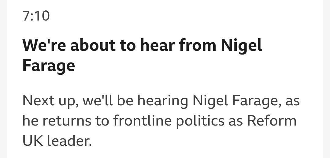 Just the BBC pretending it's fine to constantly platform Nigel Farage unlike last few years where they've constantly platformed him anyway. Reform - 8 councillors. Green Party - 800+ councillors. There's a huge issue with the media in our country & toxic narratives they push.