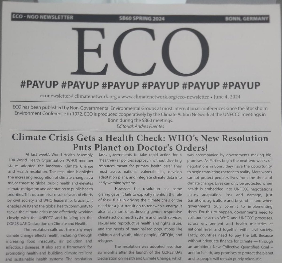 Dr Maria Neira (@drmarianeira) on Twitter photo Health on the front cover of this morning’s ECO at <a href="/UNFCCC/">UN Climate Change</a> Bonn Climate Change Conference! <a href="/WHO/">World Health Organization (WHO)</a> <a href="/COP28_UAE/">COP28 UAE</a> <a href="/COP29_AZ/">COP29 Azerbaijan</a> <a href="/DrTedros/">Tedros Adhanom Ghebreyesus</a> Health on the front cover of this morning’s ECO at <a href="/UNFCCC/">UN Climate Change</a> Bonn Climate Change Conference! <a href="/WHO/">World Health Organization (WHO)</a> <a href="/COP28_UAE/">COP28 UAE</a> <a href="/COP29_AZ/">COP29 Azerbaijan</a> <a href="/DrTedros/">Tedros Adhanom Ghebreyesus</a>