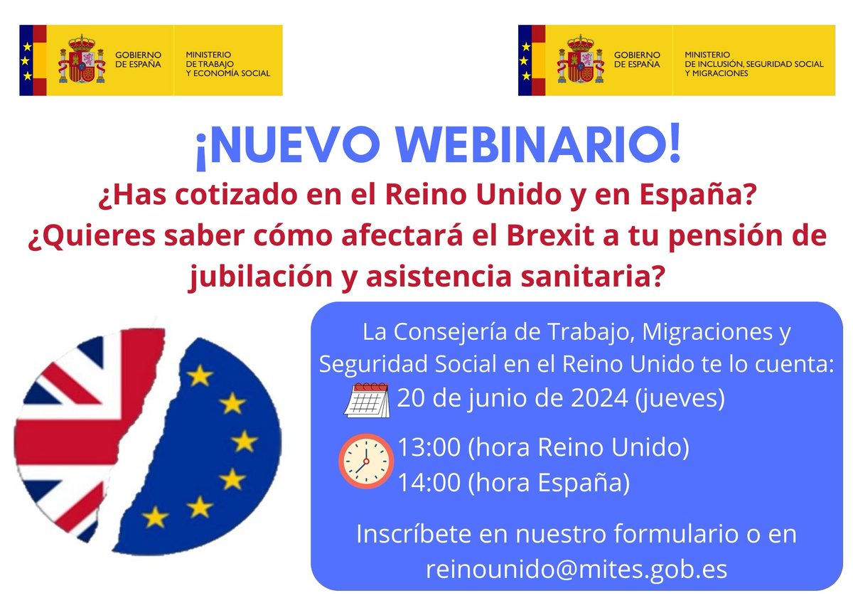 📢¿Has cotizado en Reino Unido? ¿Quieres saber cómo afectará el #Brexit a tu pensión de jubilación y asistencia sanitaria?

La <a href="/ConsejeriaTraUK/">Consejería de Trabajo en Reino Unido e Irlanda</a> te lo cuenta en este webinario

🗓️Jueves, 20 de junio 2024
🕐13:00 🇬🇧 | 14:00 🇪🇸

Puedes inscribirte aquí⬇️
t.ly/gdu6Z