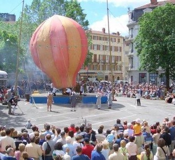 The annual reconstruction of the first demonstration of a Montgolfier hot air balloon in Annonay 4 June 1783. On the 4 June 1783 the Montgolfier Brothers demonstrated their first hot air balloon inflation to a group of noblemen in Annonay in the South of France. This event is re-enacted annually at a wonderful event in the region as you can see from the pictures ( courtesy Jean-Pierre Girard) https://www.bbml.org.uk/first-hot-air-balloon-1783/