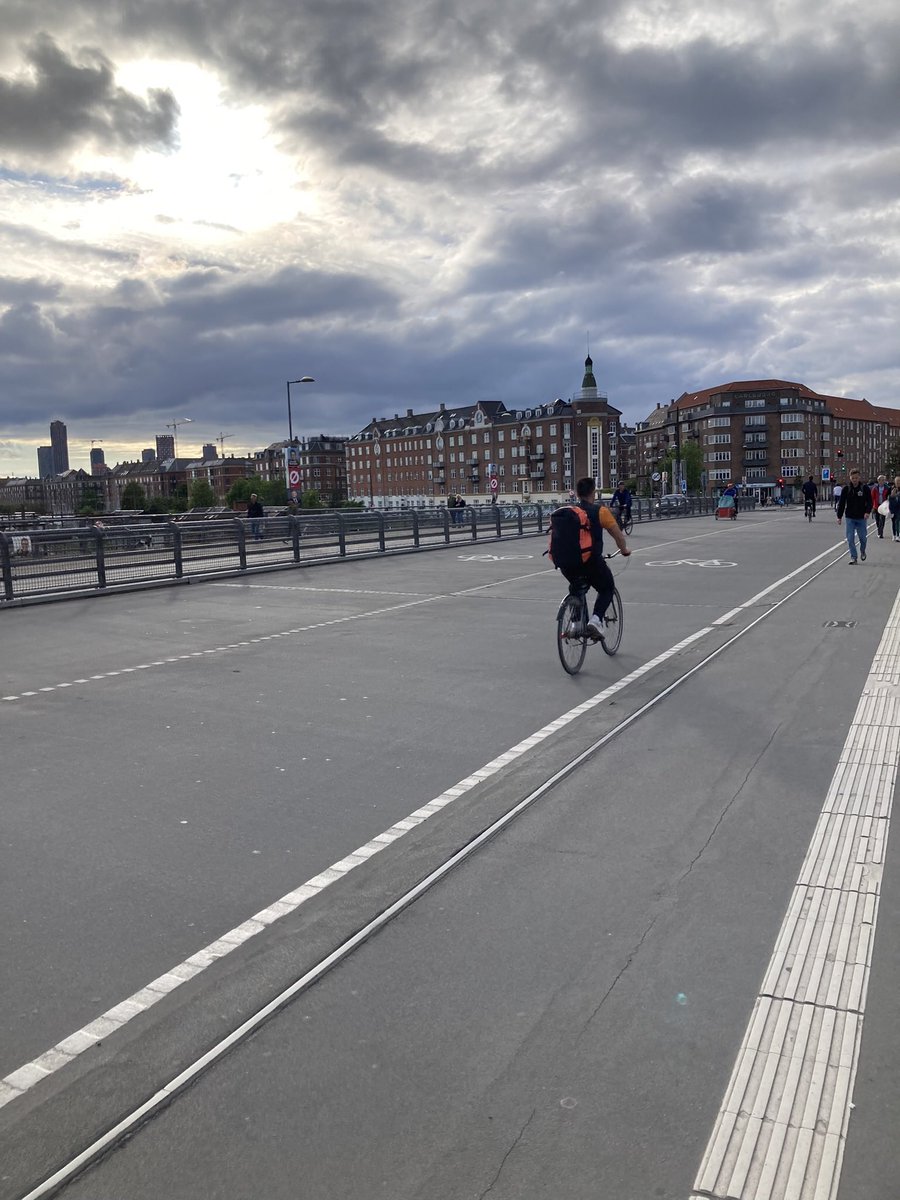 Here is a bridge over the river in Copenhagen. The cycle lanes are wider than the vehicle lanes on the other side of the fencing.