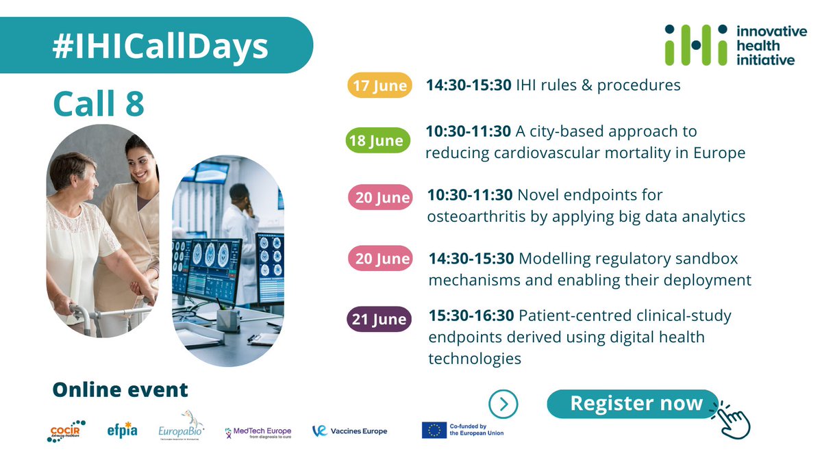 📅Mark your calendars! From 17 to 21 June @IHIEurope is holding #IHICall8 📞Call Days. In addition to the 4 call topics, rules & procedures will be covered. Participants will also have a chance to ask questions and start forming consortia. Register now👉ihi.europa.eu/news-events/ev…