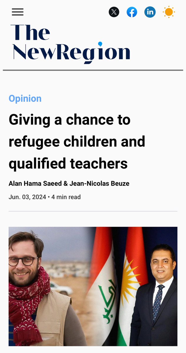 My OpEd with <a href="/Kurdistan/">Kurdistan Regional Government</a> Min of Education about his groundbreaking policy to hire qualified refugee teachers.

More than give them a job, it allow them to make a positive impact on their children &amp; children of the communities with which they live.

thenewregion.com/posts/572/givi…