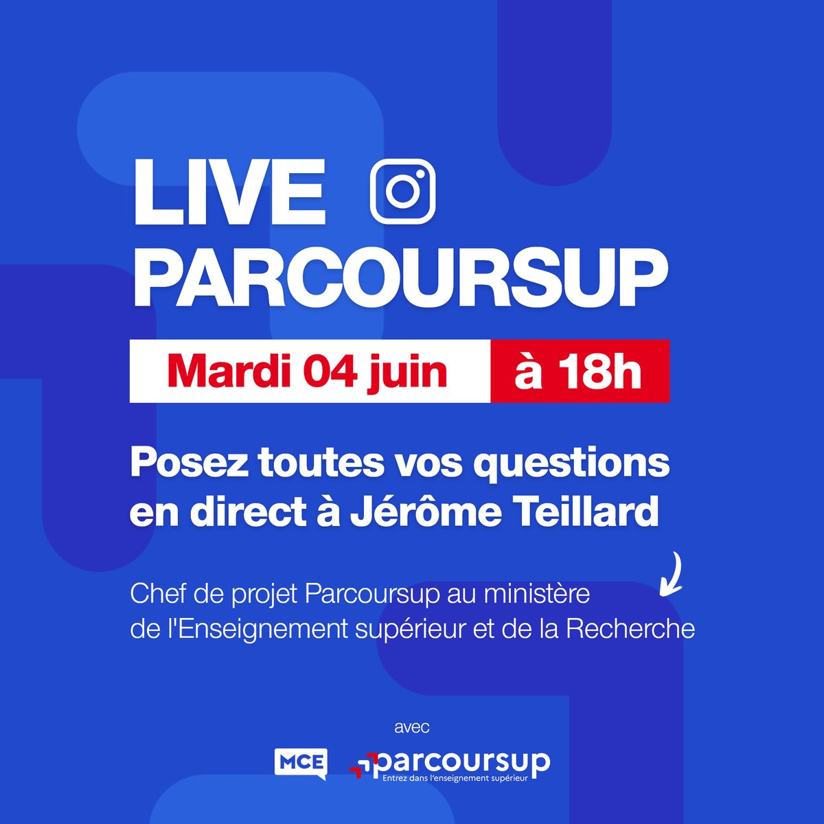 🔴 Ce soir, mardi 4 juin, à partir de 18h retrouvez-nous en direct sur Instagram avec <a href="/OuestFrance/">Ouest-France</a> et <a href="/mce_tv/">MCE</a> !

🎙 Jérôme Teillard, chef de projet #Parcoursup, répondra à toutes vos questions sur la phase d'admission.
