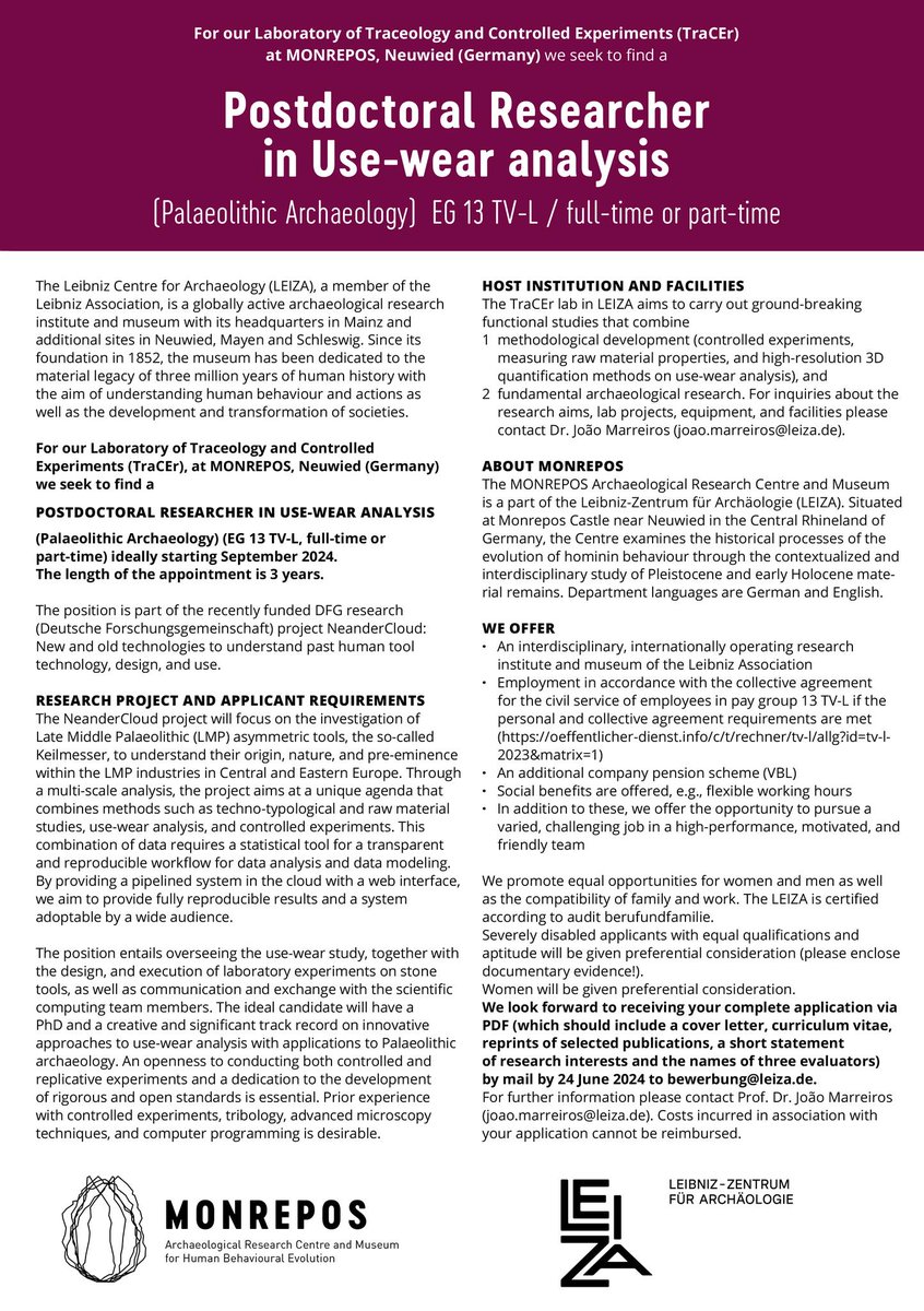 Leibniz-Zentrum für Archäologie (LEIZA) (@leizarchaeology) on Twitter photo Join our team!
#LEIZA is looking for a postdoctoral researcher
in Use-wear analysis (#Palaeolithic #Archaeology) to work at <a href="/TraCErMONREPOS/">Laboratory Traceology and Controlled Experiments</a> <a href="/paleomonrepos/">MONREPOS – Schicht für Schicht zum Ich</a>
⏳ Deadline: Before 24/06/2024
📷 Apply now! bit.ly/4bJLzJ1
#joboffer #jobalert #postdoc #research Join our team!
#LEIZA is looking for a postdoctoral researcher
in Use-wear analysis (#Palaeolithic #Archaeology) to work at <a href="/TraCErMONREPOS/">Laboratory Traceology and Controlled Experiments</a> <a href="/paleomonrepos/">MONREPOS – Schicht für Schicht zum Ich</a>
⏳ Deadline: Before 24/06/2024
📷 Apply now! bit.ly/4bJLzJ1
#joboffer #jobalert #postdoc #research
