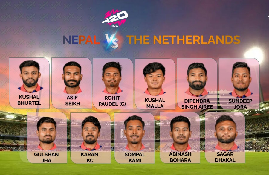 leenesh_king's tweet photo. There you go. My predicted Nepal playing XI for today's match vs the Netherlands in the t20 World cup 2024. #NEPvNED #OneBallBattle #OUTOFTHEWORLD @CricketNep @T20WorldCup @ICC https://t.co/CAarKbA84b