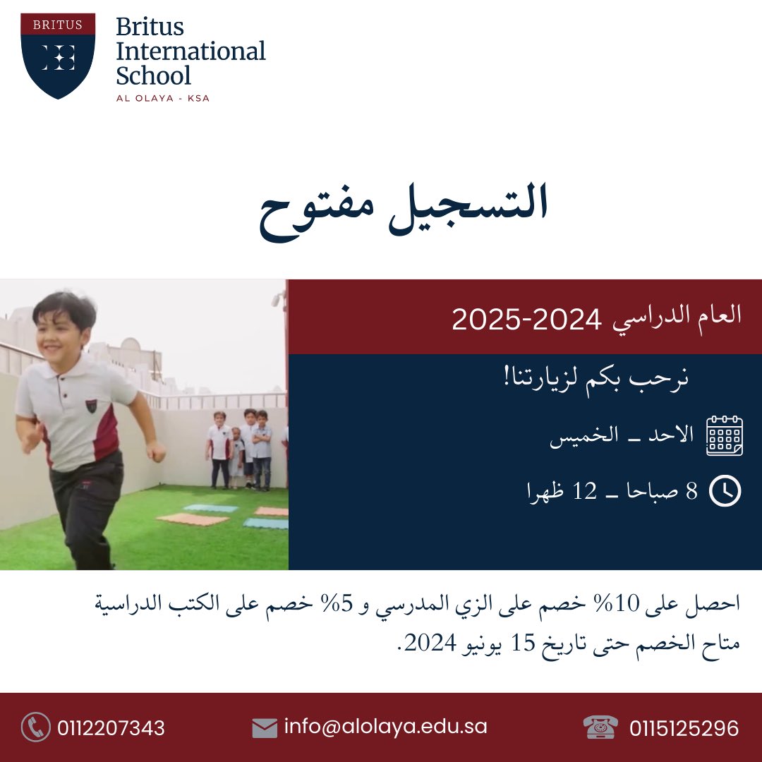 Britus_AlOlaya's tweet photo. Join us and meet the BISO family to discover more about our school and the quality education that we provide to our outstanding students.

انضم إلينا وتعرف على عائلة شعاع لاكتشاف المزيد عن مدرستنا والتعليم الجيد الذي نقدمه لطلابنا المتفوقين.
 
#admissionsopen #riyadhschools https://t.co/QAOzWI6dTw