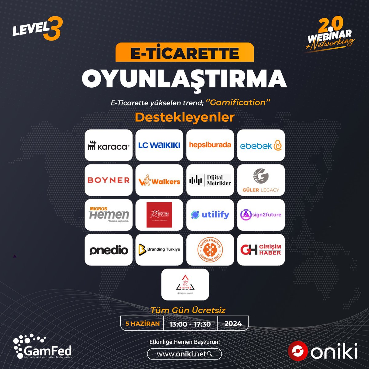 🚀Değerli fikir önderleri ve sektör temsilcilerinin katılımı, Oniki işbirliğiyle 5 Haziran'da gerçekleştireceğimiz "E-Ticarette Yükselen Trend: Oyunlaştırma" webinarında
bizi destekleyen tüm markalara teşekkür ederiz🤩
🔗oniki.net/etkinlik/gamfe…

#eticaretteoyunlaştırma