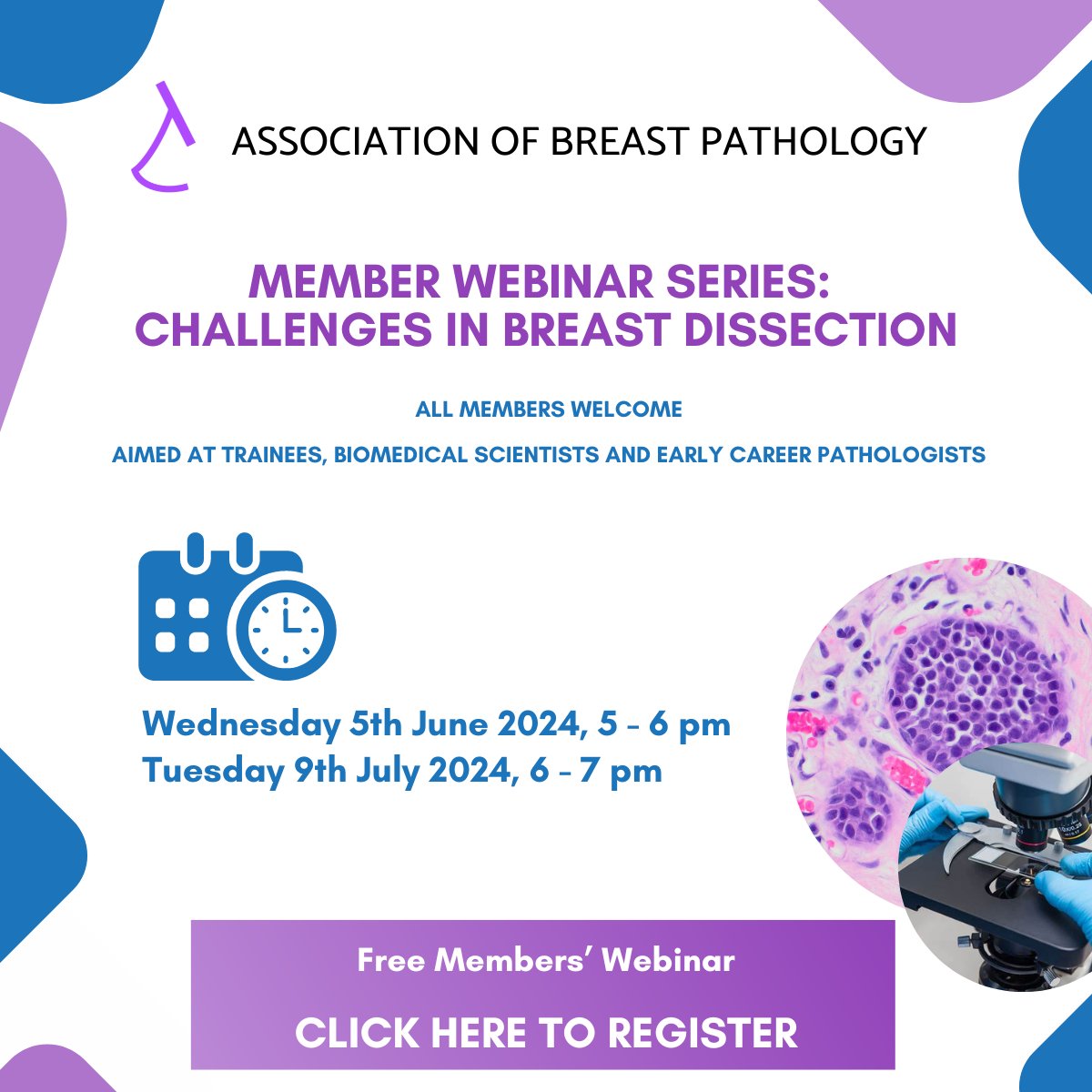 Announcing our next virtual webinar on "Challenges in Breast Dissection" on 05/06 at 17:00 by Dr Lynsey Williams and Ashley Gilchrist.  The webinar is open for members. Register now at associationofbreastpathology.com/event-details/……… #PathTwitter #pathology