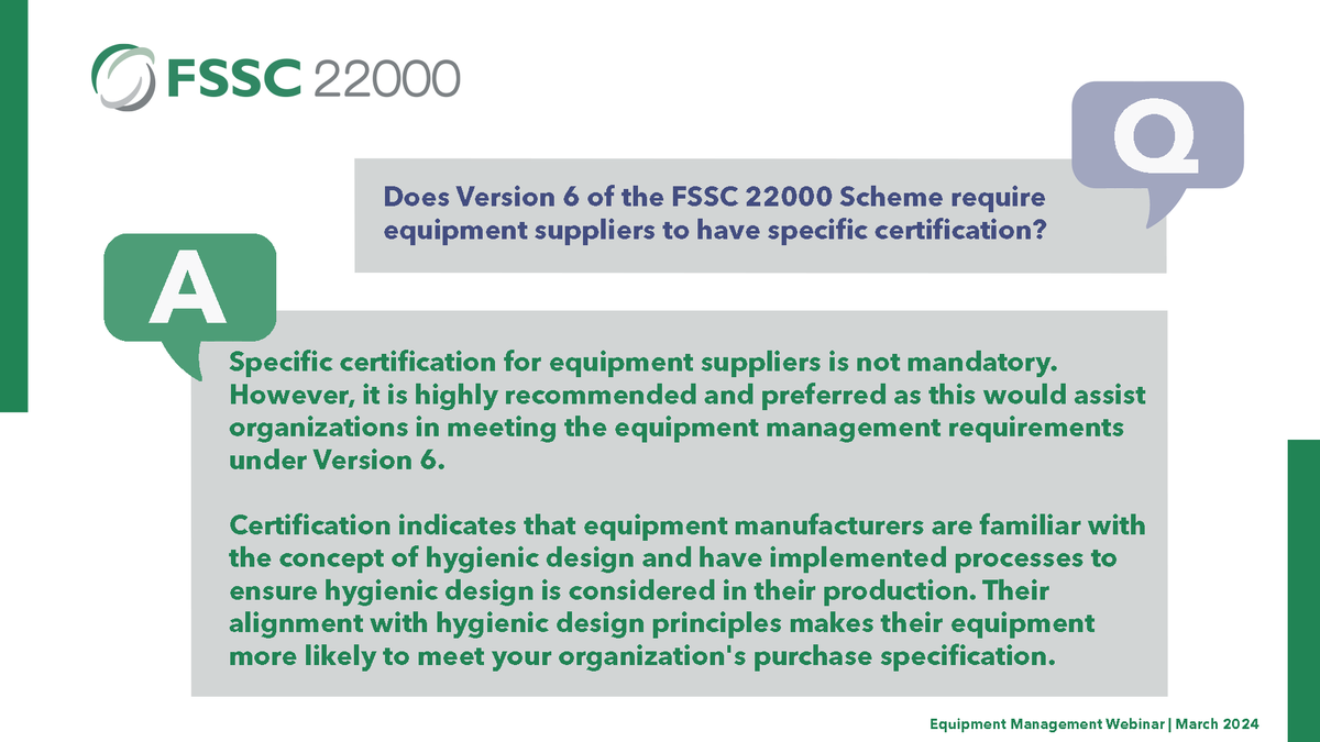 #FSSC22000 does not mandate equipment suppliers to have specific #certification but it would assists organizations in meeting #equipmentmanagement and #hygienicdesign requirements under Version 6. Learn more in the #FSSC Guidance document on this topic: ow.ly/wXQY50S6Qb6