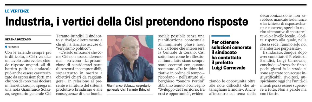 #Ust @gianfr_solazzo Al Prefetto di #Brindisi abbiamo richiesto un tavolo autorevole, per risposte chiare, imminenti sulla decarbonizzazione e soluzioni non futuristiche, senza le quali metteremmo in atto iniziative forti presso le sedi che contano. @CislNazionale @CislPuglia