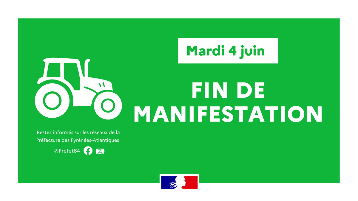 🚜🟢 #Fin #Manifestation #A63 #RN134 #RD934

✅️ Les manifestations s'achèvent sur les différents points de blocage dans le département.

◼️ Sur l’A63, la circulation est rétablie sur l’ensemble des voies dans les 2 sens de circulation. Le trafic en provenance de l'Espagne (AP8)