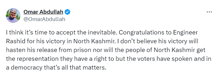 جموں کشمیر کے بارہمولا سے عمر عبداللہ نے شکست قبول کی، آزاد امیدوار راشد شیخ کامیاب۔۔۔۔
<a href="/OmarAbdullah/">Omar Abdullah</a> #rashidshikh