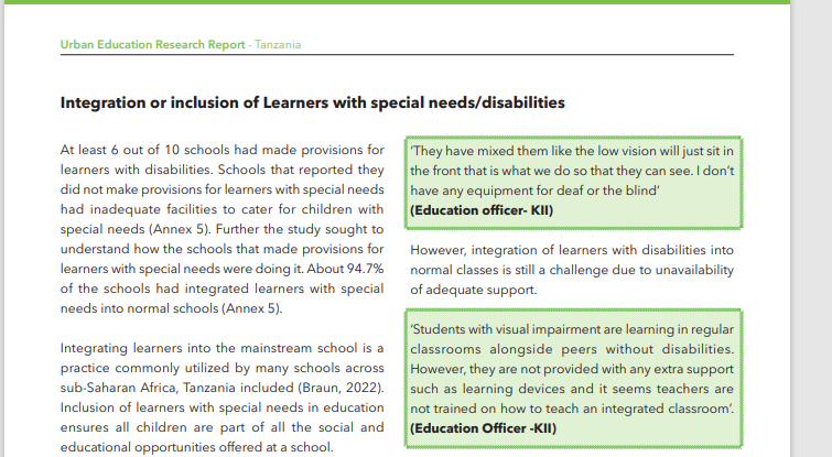 Utafiti ulibaini kuwa shule 6 kati ya 10 zilikuwa zimeweka mazingira rafiki na huduma kwa wanafunzi wenye ulemavu. Shule ambazo ziliripoti kuwa hazina huduma kwa wanafunzi wenye mahitaji maalum zilikuwa na vifaa duni vya kuhudumia watoto wenye mahitaji maalum #ElimuUswazi
