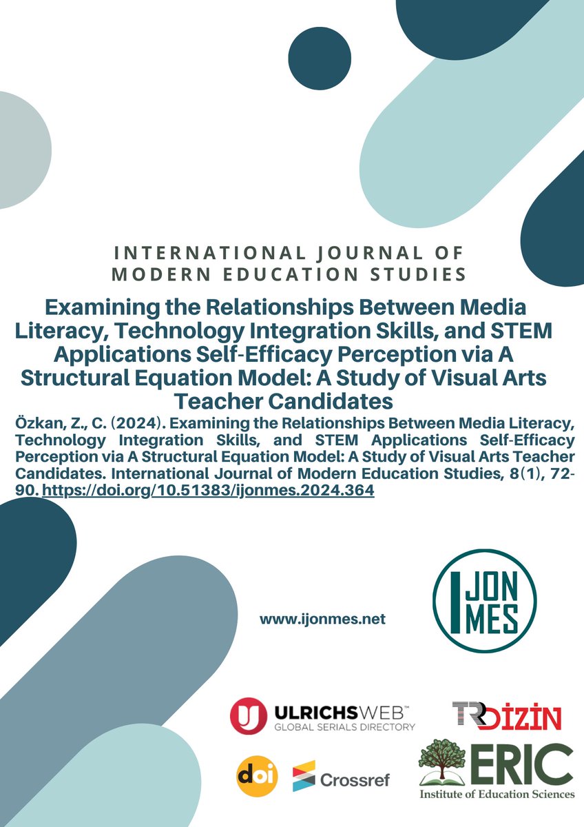 ijonmes's tweet image. 🔬 New Study Alert! 🎨 "Exploring the Links: Media Literacy, Tech Integration, & STEM Self-Efficacy in Visual Arts Educators" by Zeliha Canan Özkan. Discover how these skills interplay to shape future educators' confidence in STEM fields.
Key findings: High media literacy but…