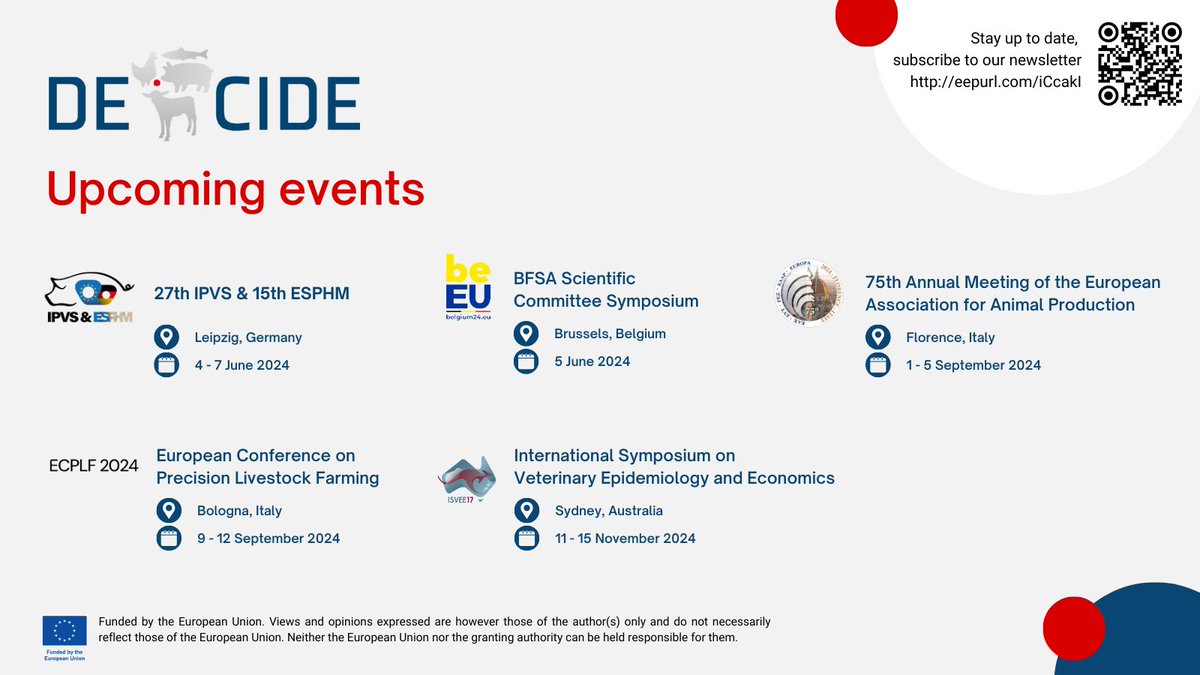 Join us in Leipzig!

The DECIDE team will present their latest findings at the @ipvs_esphm2024. Discover our upcoming summer and autumn events 👇

Don't miss out on updates! Subscribe to our newsletter: eepurl.com/iCcakI

#VeterinaryEpidemiology #DECIDE #H2020