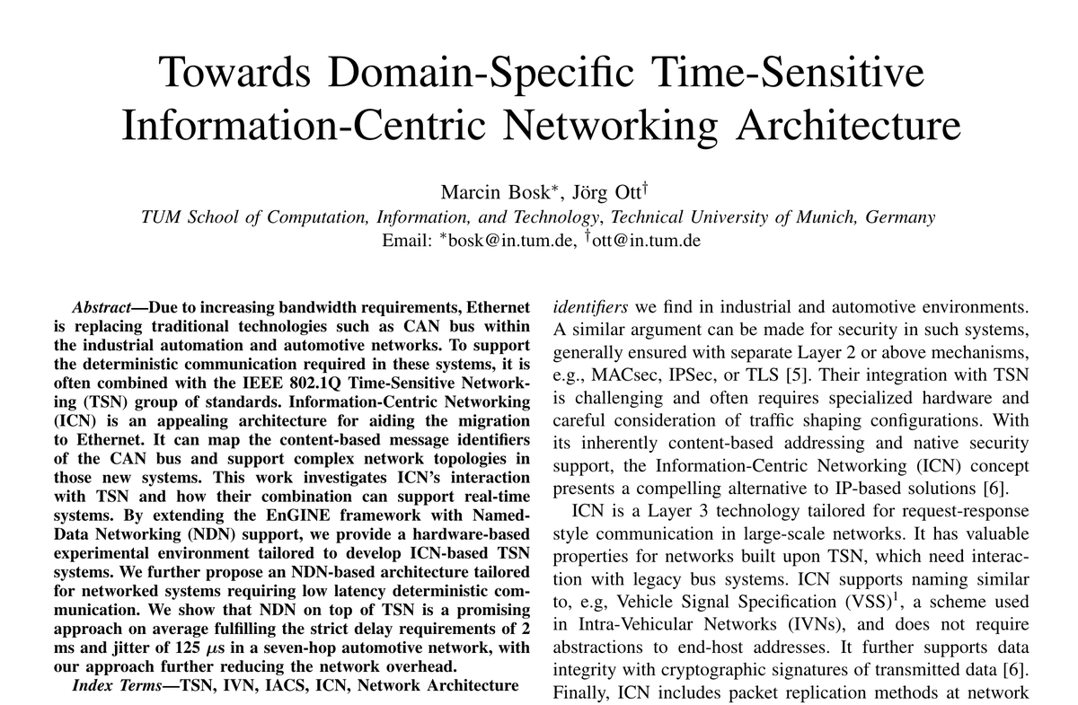 🚀 Thrilled to have presented our recent work on Time-Sensitive Information-Centric Networking Architecture yesterday at the TENSOR Worksop, co-located with IFIP Networking 2024.

🥂 Check it out and reach out if you're at IFIP Networking this week!

📜ce.cit.tum.de/fileadmin/w00c…