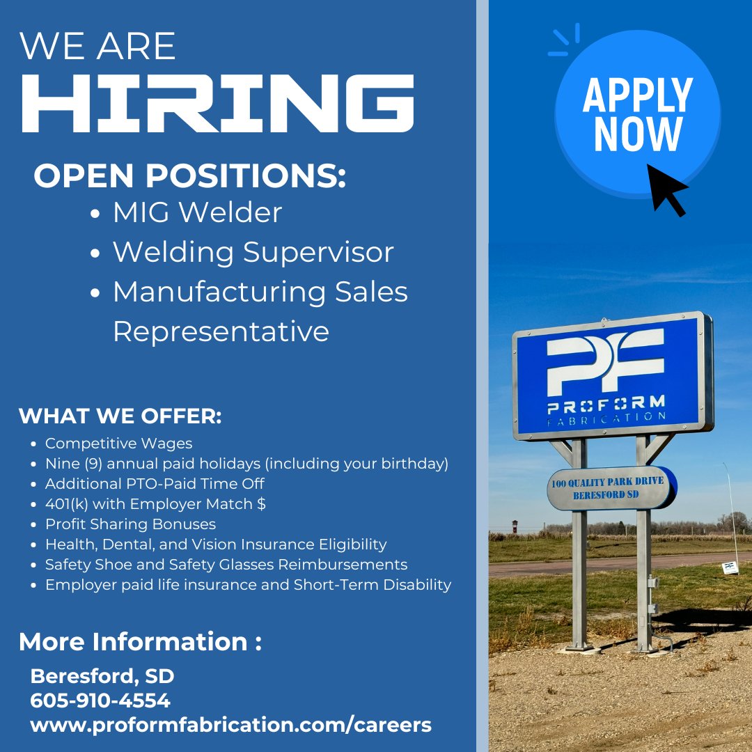 LlcProform's tweet image. We are expanding our team! New positions are now open for skilled Welders, a Welding Supervisor, and a Manufacturing Sales Representative. Join us!
Competitive pay, excellent benefits and great people. 
proformfabrication.com/careers
#hiring #manufacturing #salesrep