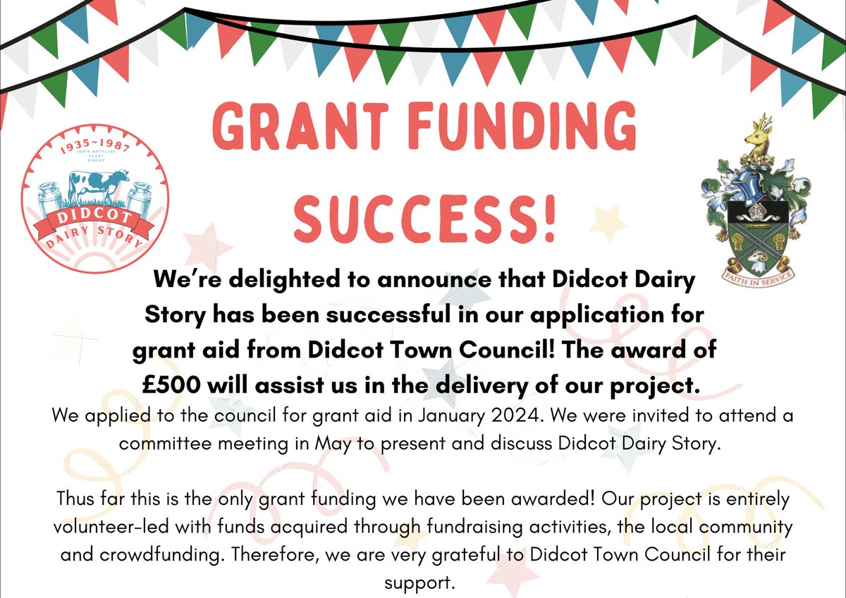 DidcotDairySty's tweet photo. We’re thrilled to have been awarded grant aid from Didcot Town Council! 🥳 The funding will go towards the delivery of our project, which you too can support by donating here: https://t.co/p0AQZdQbTG #heritage #didcot https://t.co/k9sGOBZGOC